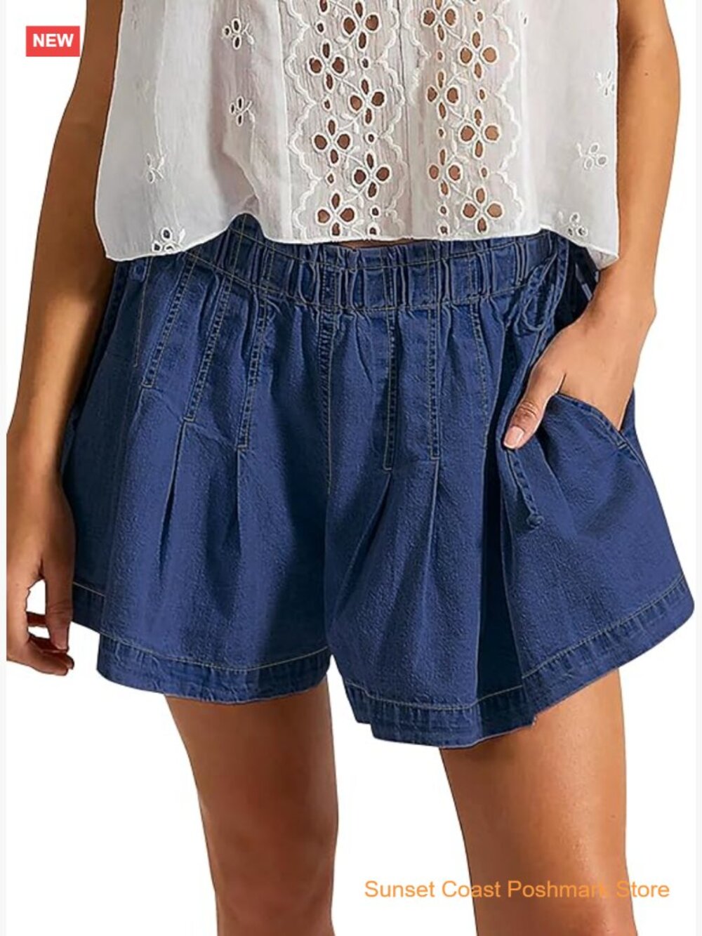 High Waisted Wide Leg Pleated Denim Shorts with Pockets - Summer Jorts - Picture 1 of 7